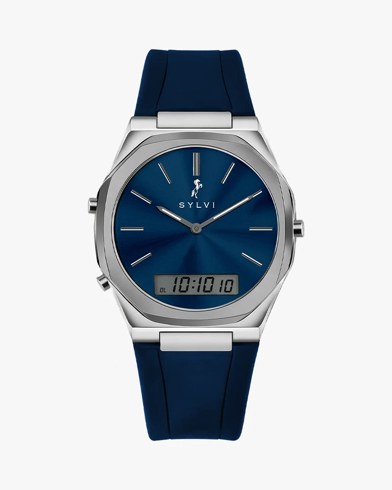 TimeShift blue silver silicone watch main view, hybrid analog digital design for men
