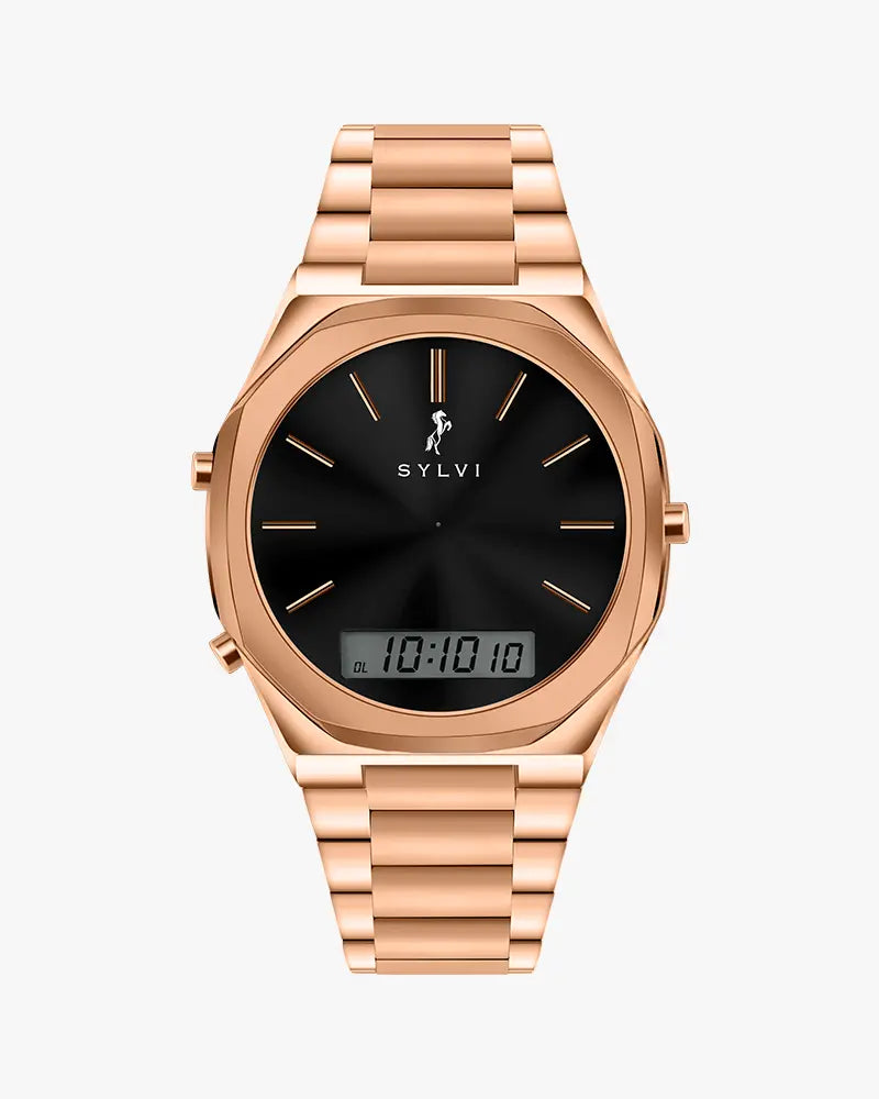 TimeShift rose gold steel strap hybrid watch with analog digital dial for men by Sylvi
