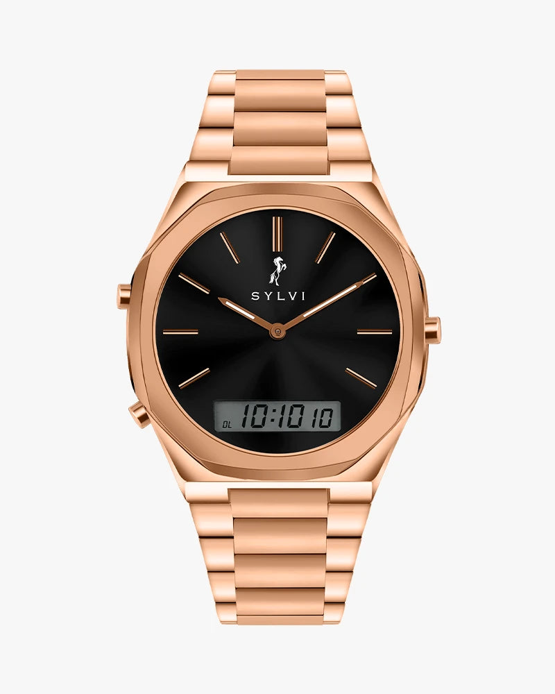 TimeShift rose gold steel strap hybrid watch with analog digital dial for men by Sylvi