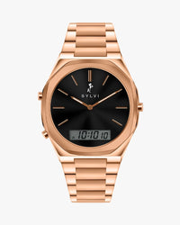 TimeShift rose gold steel strap hybrid watch with analog digital dial for men by Sylvi