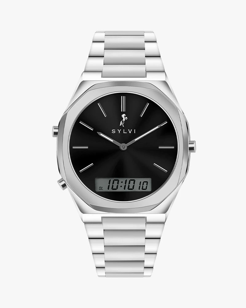 TimeShift silver steel strap hybrid watch with analog digital dial for men by Sylvi
