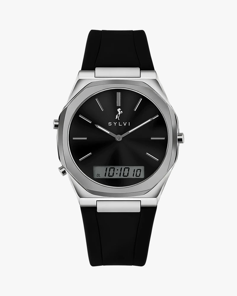 TimeShift silver silicone watch main image, hybrid analog digital design