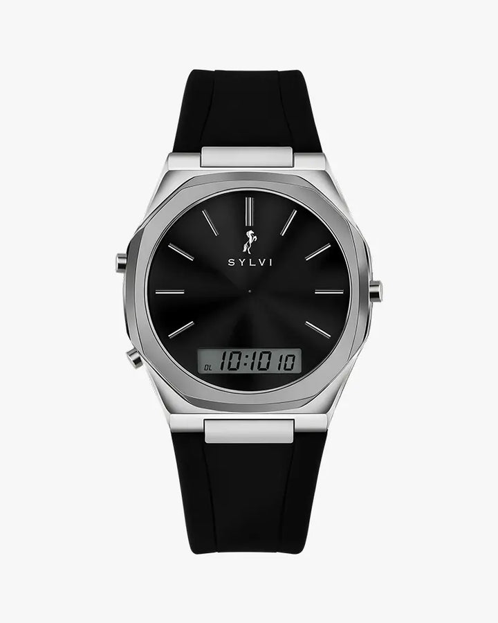 TimeShift silver silicone watch main image, hybrid analog digital design
