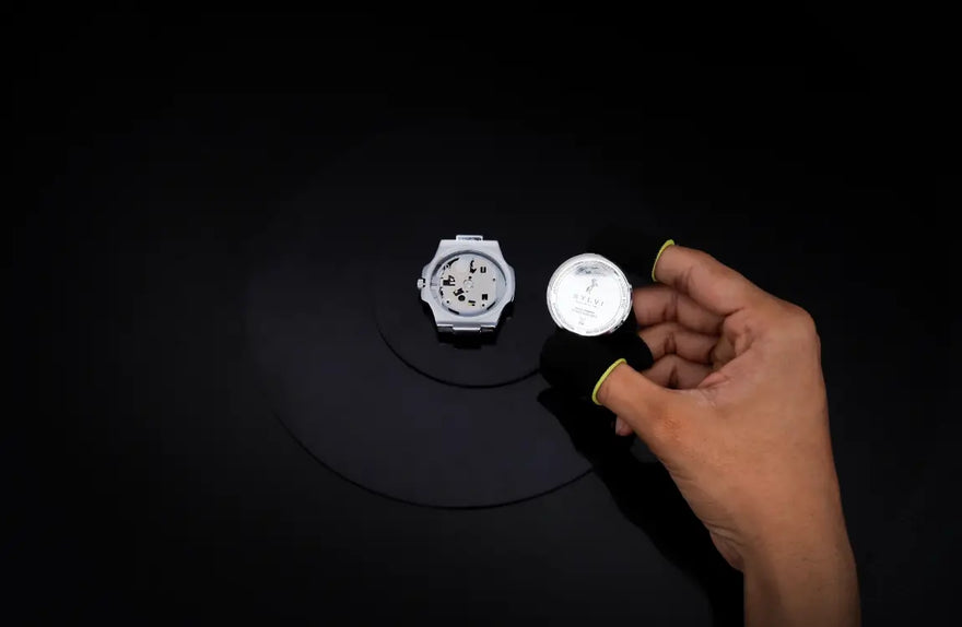 Urbane Moon blue silver watch caseback assembly with solid construction and clean finishing