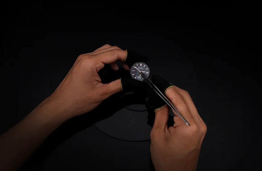 Urbane Moon rosegold silver watch hands installation with smooth alignment and refined detailing