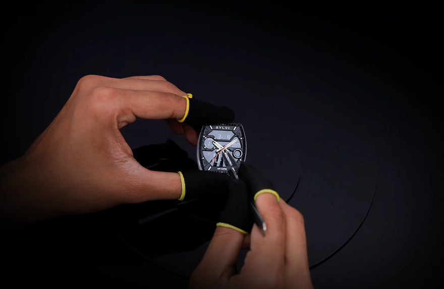 Sylvi Vanguard all black silicone wrist watch dial installation using professional watchmaking tools