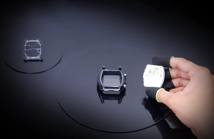 Sylvi Vanguard black silver silicone watch case and internal module prepared for final assembly