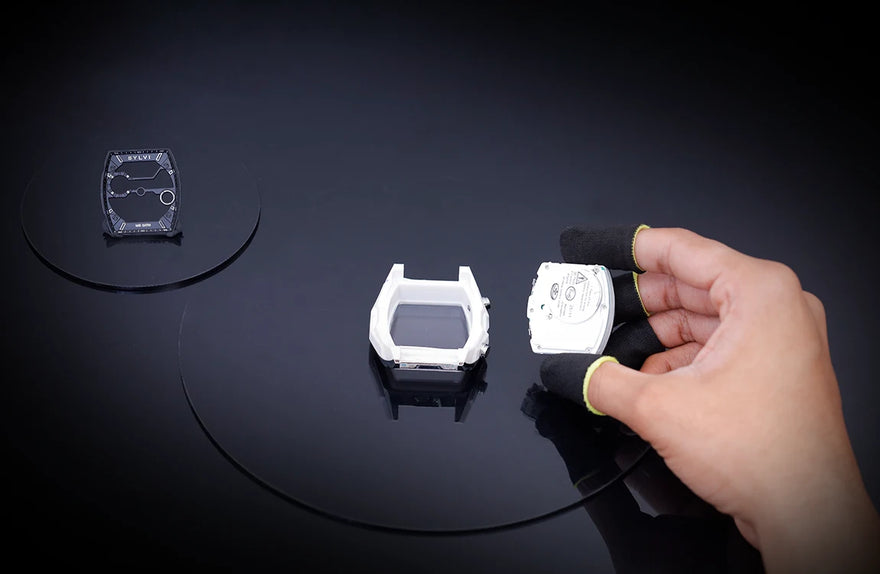 Sylvi Vanguard black white silicone watch case and module prepared for final assembly