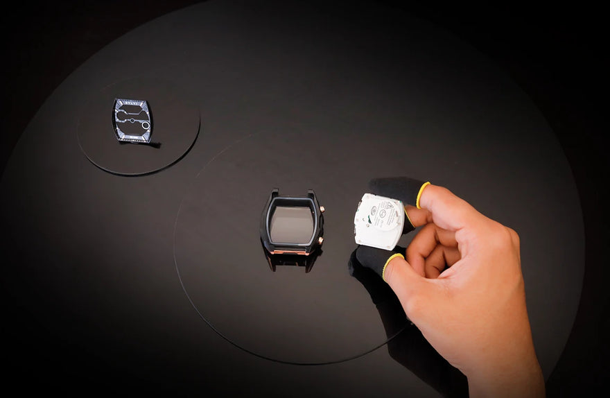 Sylvi Vanguard black rosegold silicone watch case and internal module prepared for final assembly