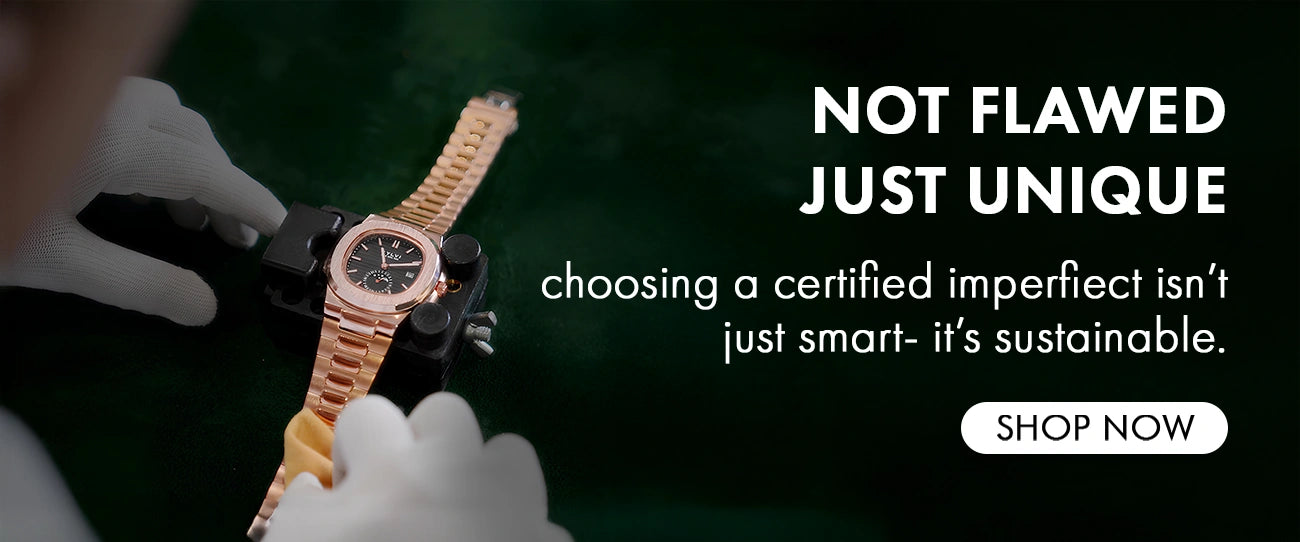 Watch on a branch with a blurred forest background and text about sustainability.