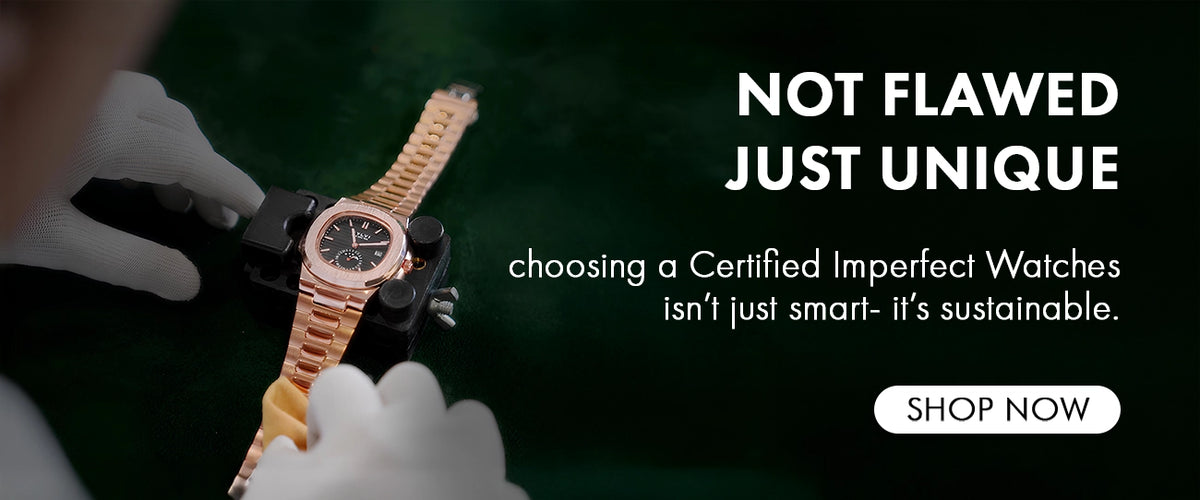 Watch on a branch with a blurred forest background and text about sustainability.