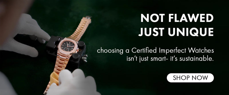 Watch on a branch with a blurred forest background and text about sustainability.