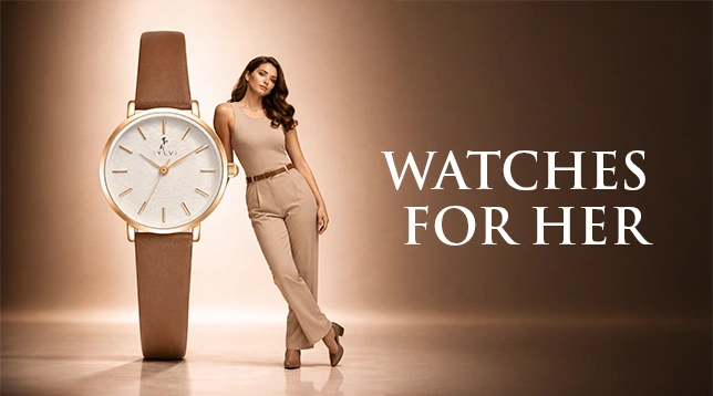Large watch with a woman standing next to it, against a beige background with 'Watches for Her' text.