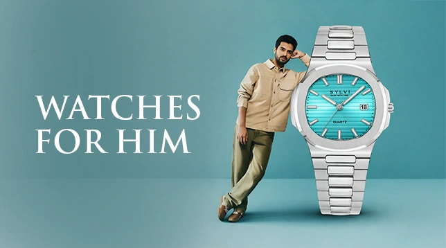 Man leaning against a large silver watch with 'Watches for Him' text on a light blue background