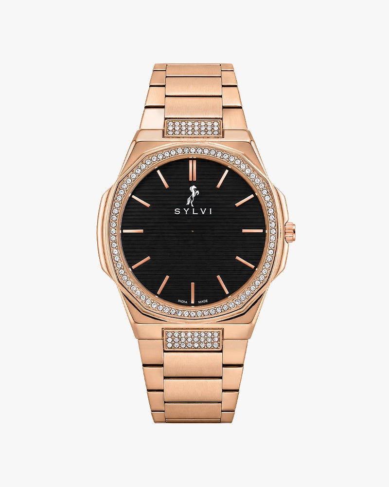 Sylvi Blade Crystal Black Rosegold Steel Analog watch for men India
