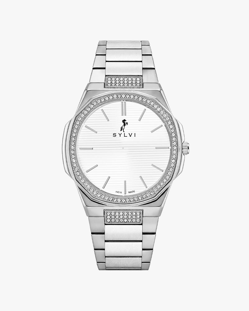 Sylvi Blade Crystal White Silver Steel watch for men India
