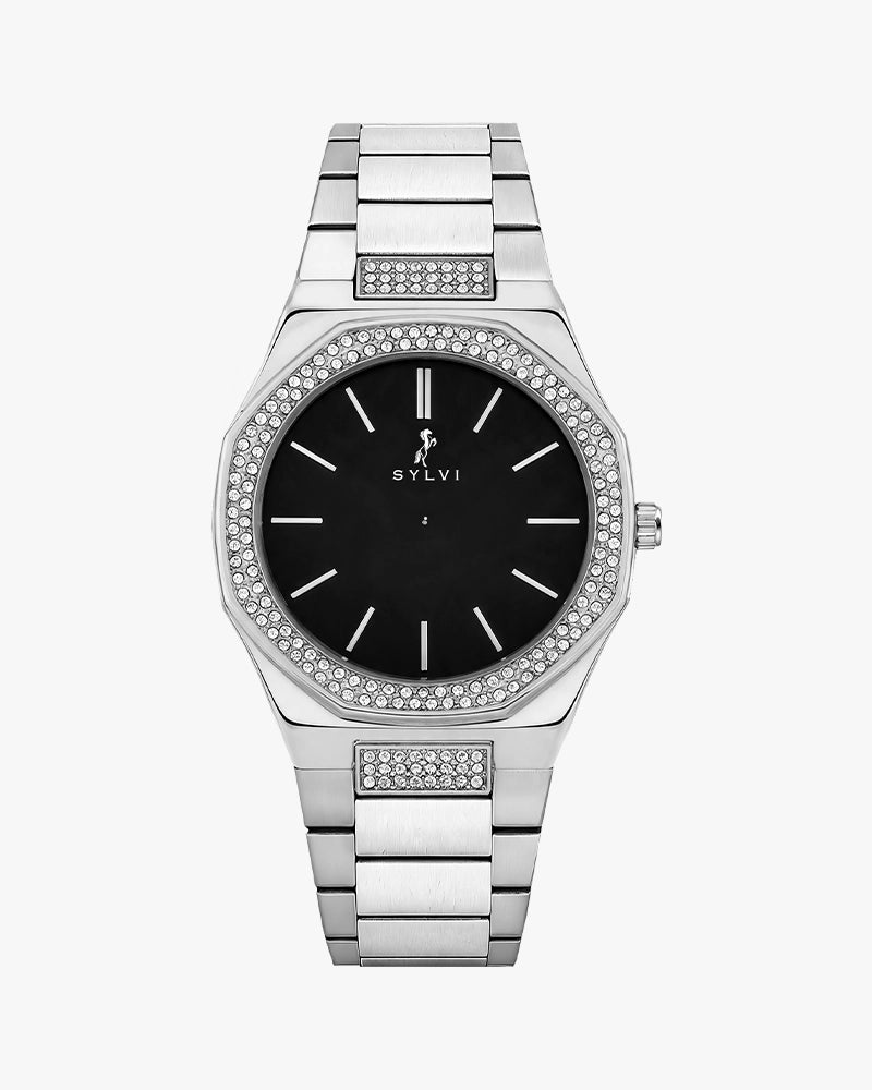 Sylvi Specter Crystal Black Silver Steel Analog watch for men India
