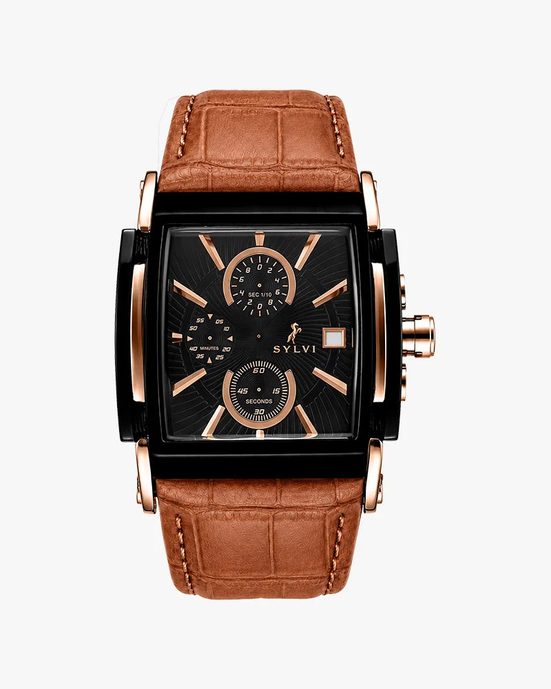 Sylvi Dominator Chronograph Black Rose Gold Dial Leather Strap Men Frt watches India
