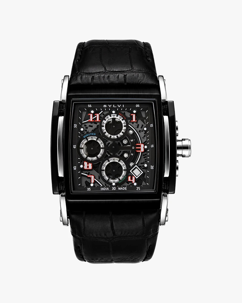 Sylvi Dominator Skeleton Chronograph Black Dial Leather Strap Men Frt watch for men India
