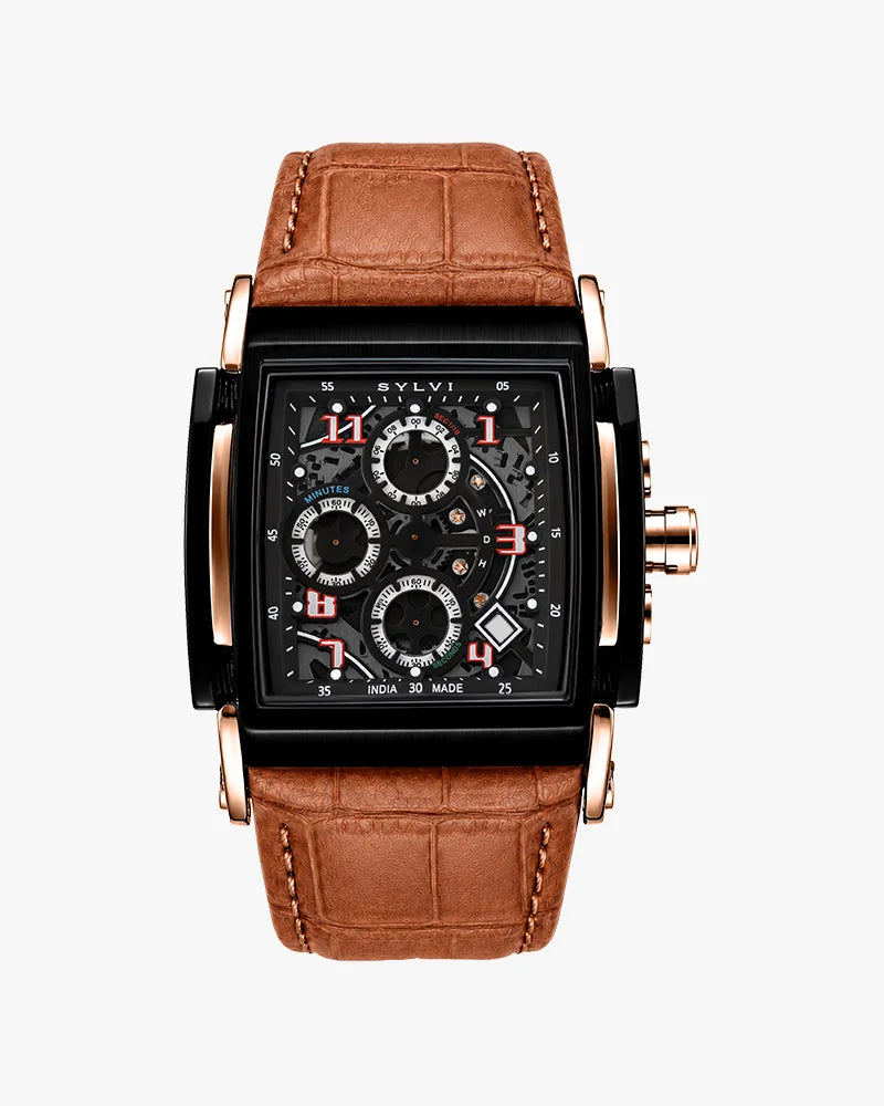 Sylvi Dominator Skeleton Chronograph Black Rose Gold Dial Leather Strap Men Frt watch for men India
