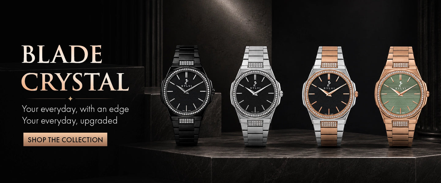 Sylvi Blade Crystal watches with crystal accents on black and metallic bands India