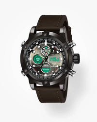 Sylvi Iconic coffee dial men's analog digital watch with leather strap – front view
