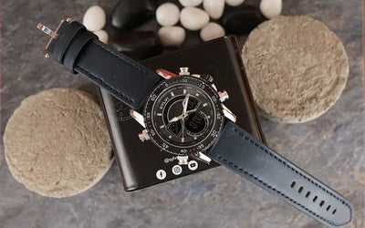 Sylvi Velocity Black Leather Strap Watch Elegant Props Image Banner