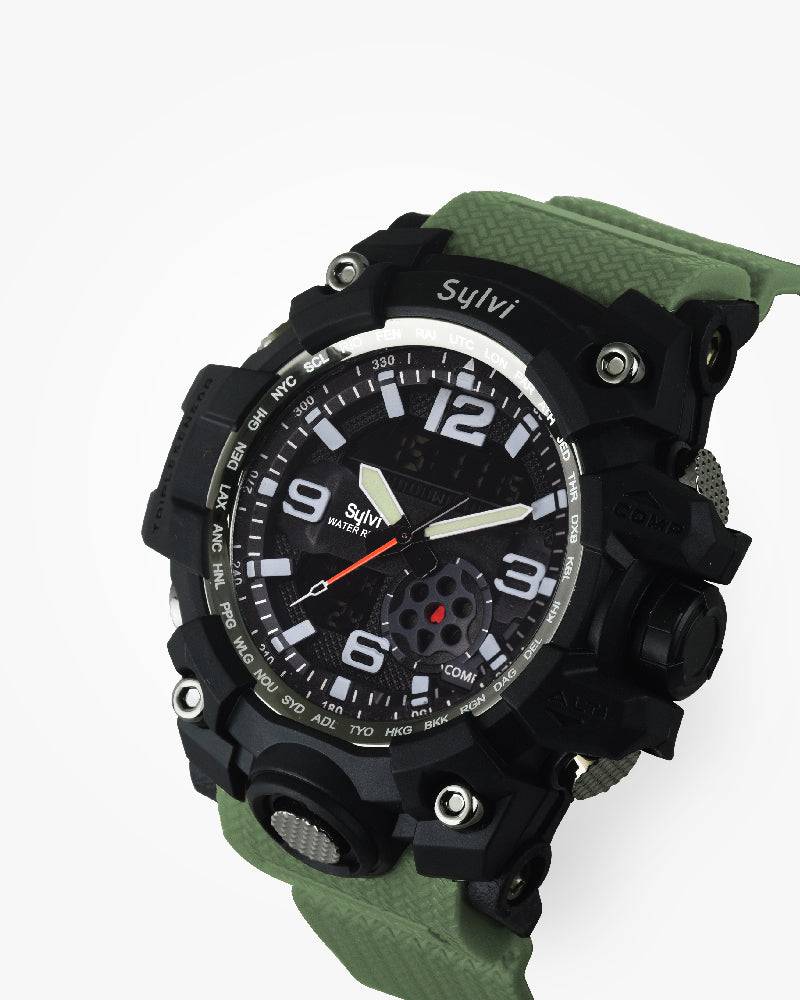 black dial with green strap Watch for Men - Sylvi 