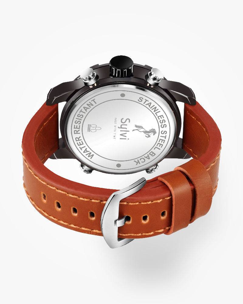 Sylvi Iconic Brown Analog Digital Leather Strap Watch for Men